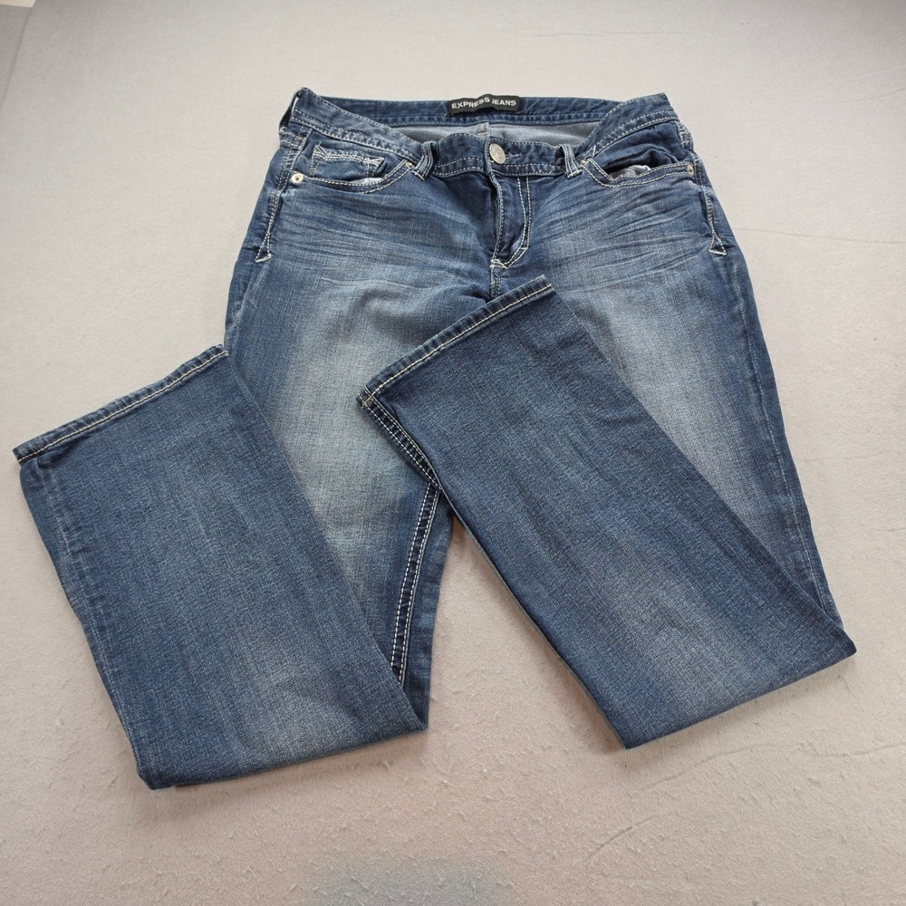 Express Y2K Stella Low Rise Barely Boot Jeans 10R Medium Wash Blue Denim McBling